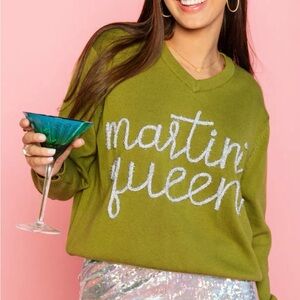Queen of Sparkle Martini Queen Olive Green Sweater Medium